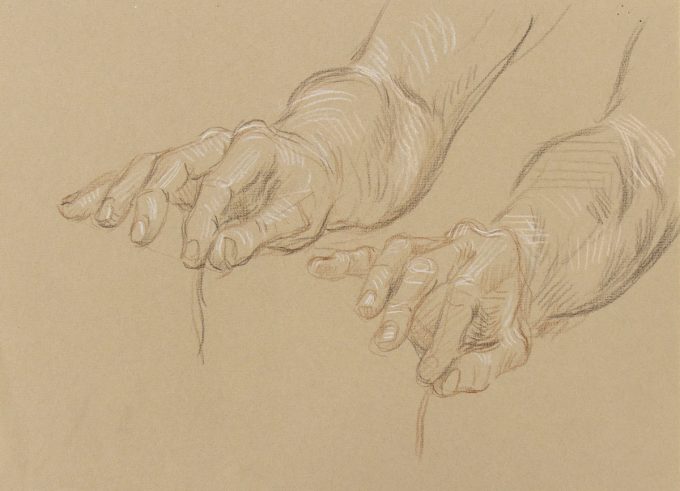 A drawing on beige paper of hands.