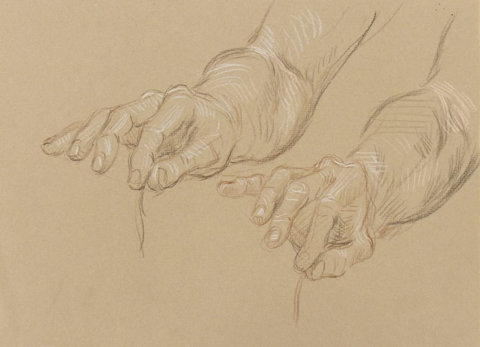 A drawing on beige paper of hands.