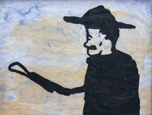 A drawing of a man dressed in all black with a noose around his neck.