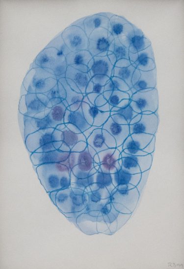An abstract work on paper with blue and purple circles forming an oval.