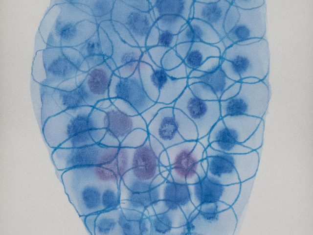 An abstract work on paper with blue and purple circles forming an oval.