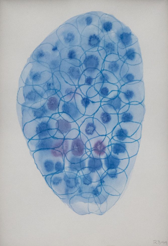 An abstract work on paper with blue and purple circles forming an oval.