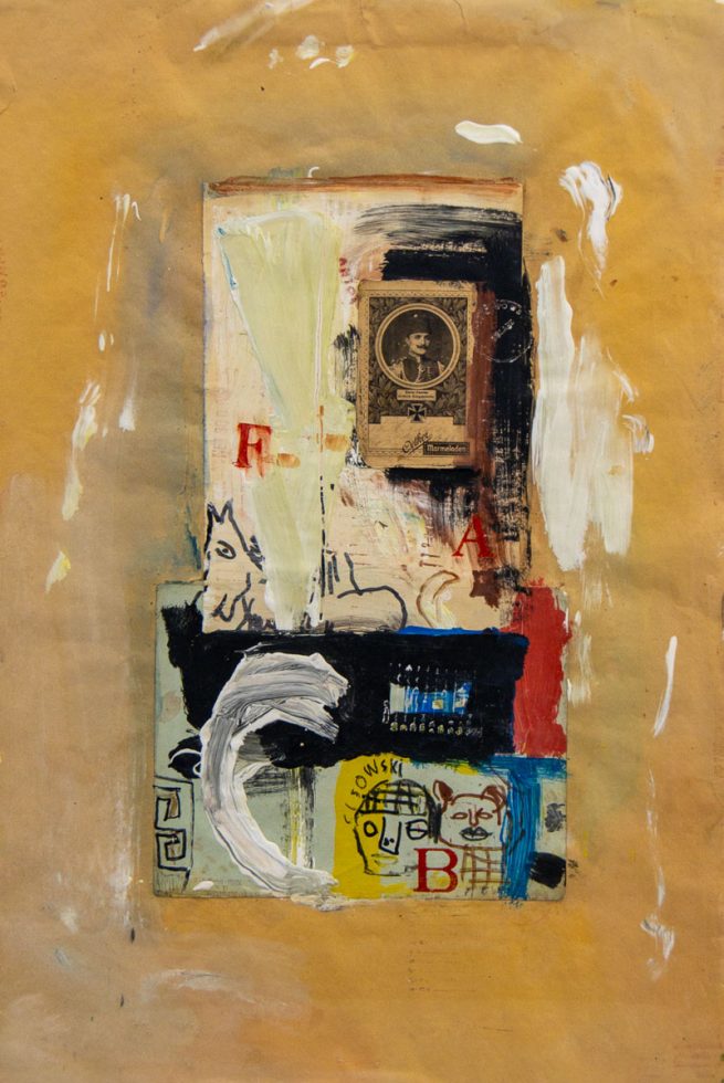 An abstract collaged composition with paint on yellow paper.
