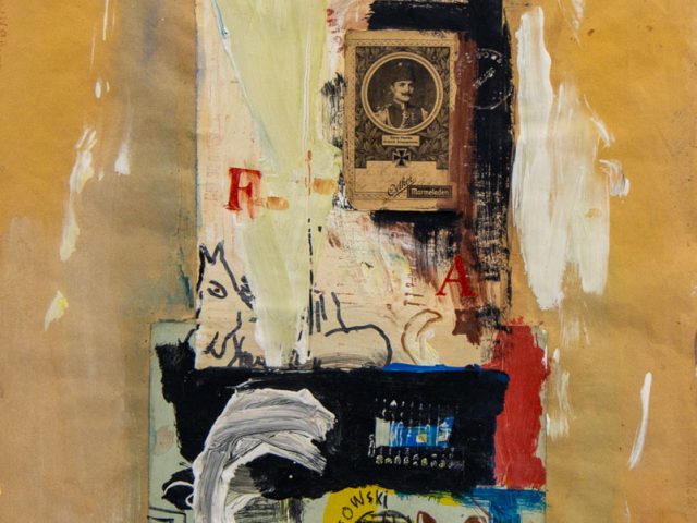 An abstract collaged composition with paint on yellow paper.