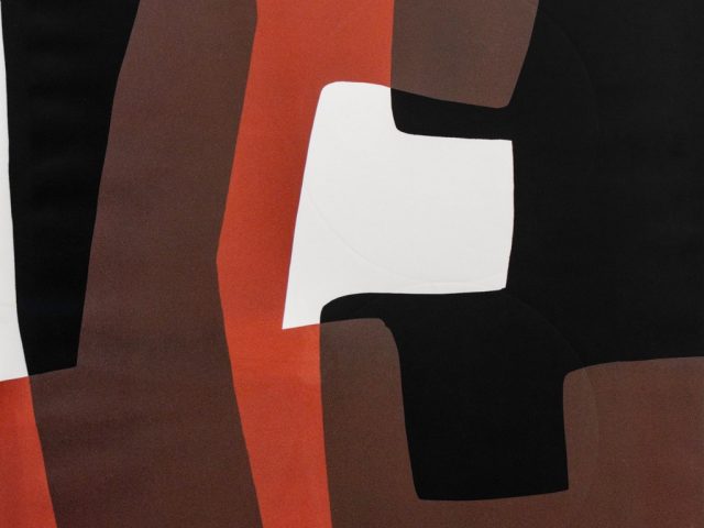 An abstract geometric composition in black red brown and white.