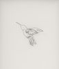 A humming bird silhouette made of wire against a white paper background.
