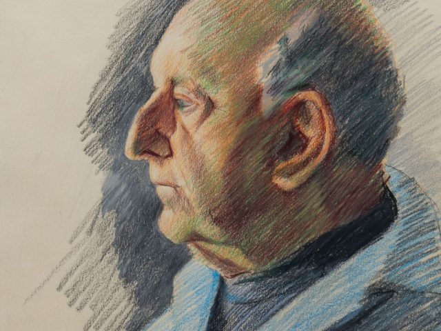 A color pencil drawing of an older man in a blue blazed looking off to the side in profile.