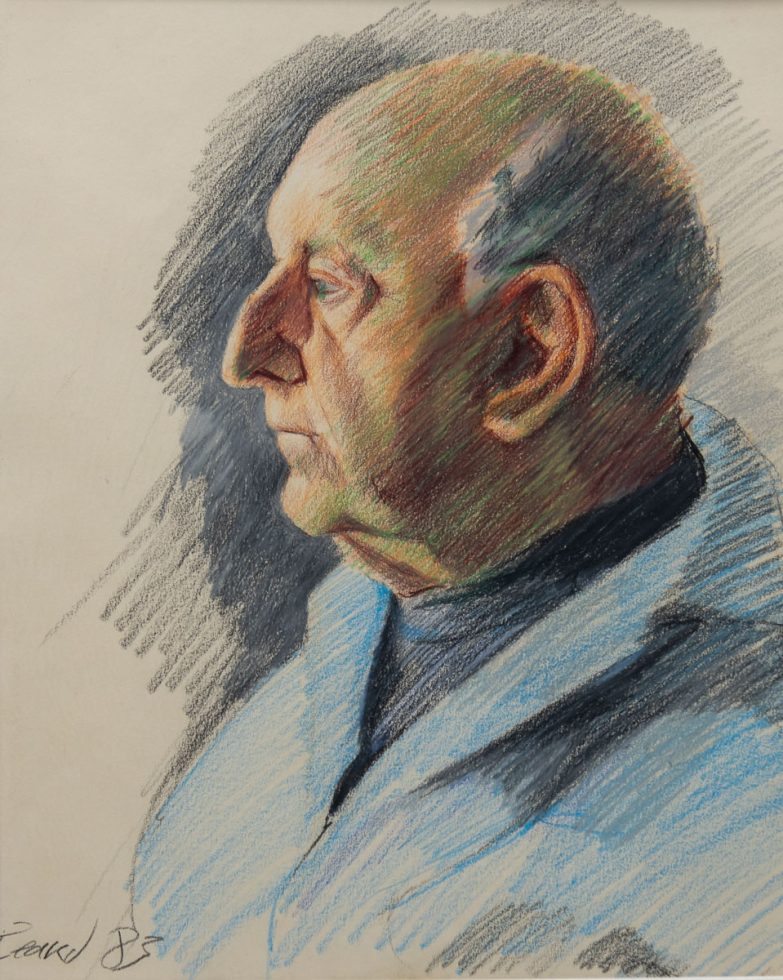 A color pencil drawing of an older man in a blue blazed looking off to the side in profile.
