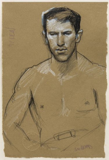 A drawing on dark beige paper of a shirtless man.