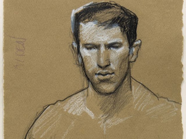 A drawing on dark beige paper of a shirtless man.