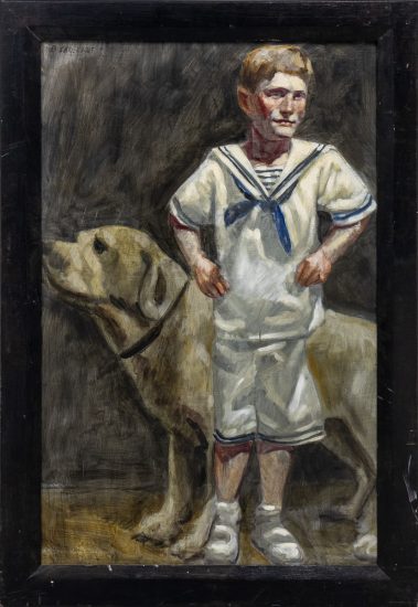A painting of a little sailor and his dog.