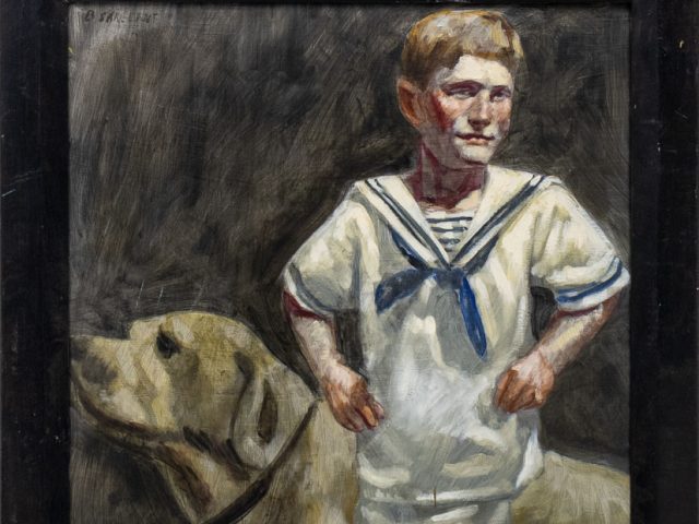 A painting of a little sailor and his dog.
