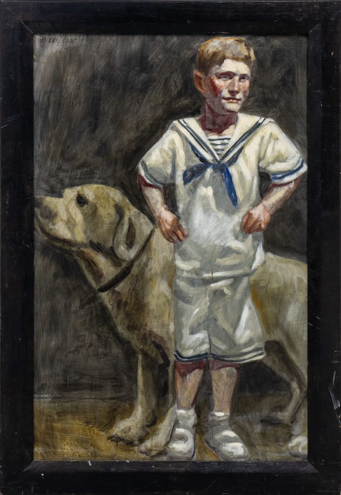 A painting of a little sailor and his dog.