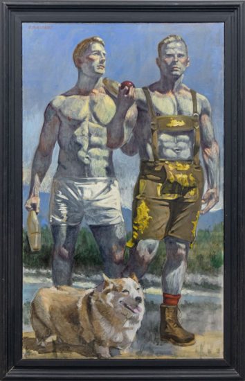 A painting of two men with a corgi.