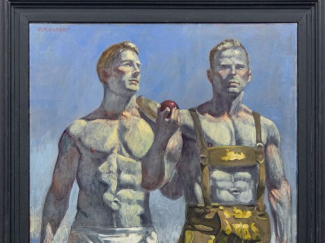 A painting of two men with a corgi.