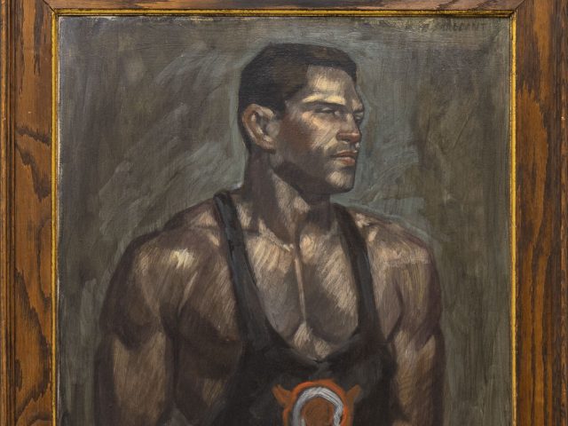 A painting of a man with prominent muscles in a tank top.