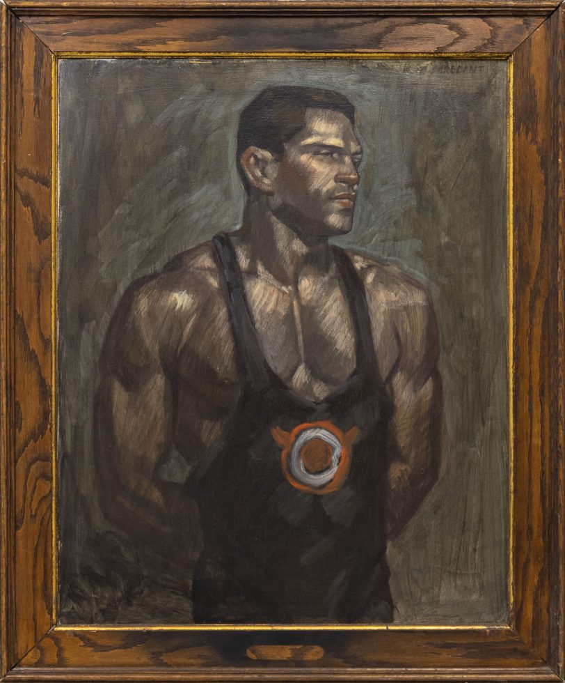 A painting of a man with prominent muscles in a tank top.