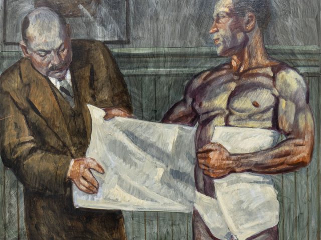 A painting of a man's abdomen being wrapped in a white fabric.