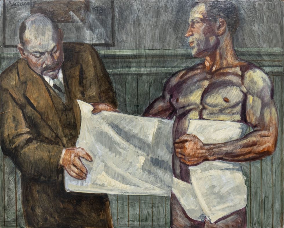 A painting of a man's abdomen being wrapped in a white fabric.
