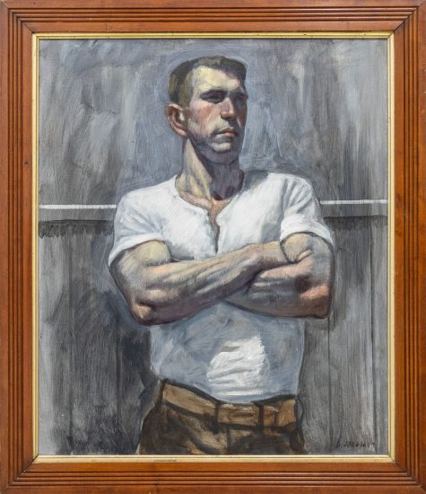 A painting in a brown wood frame of a man in a white tee shirt crossing his arms.