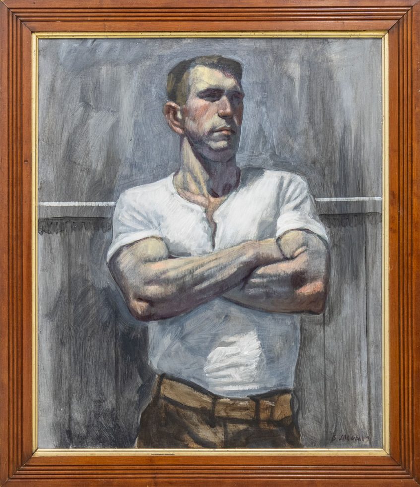 A painting in a brown wood frame of a man in a white tee shirt crossing his arms.