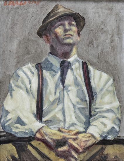 A painting of a man in suspenders with a fedora.
