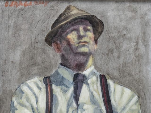 A painting of a man in suspenders with a fedora.