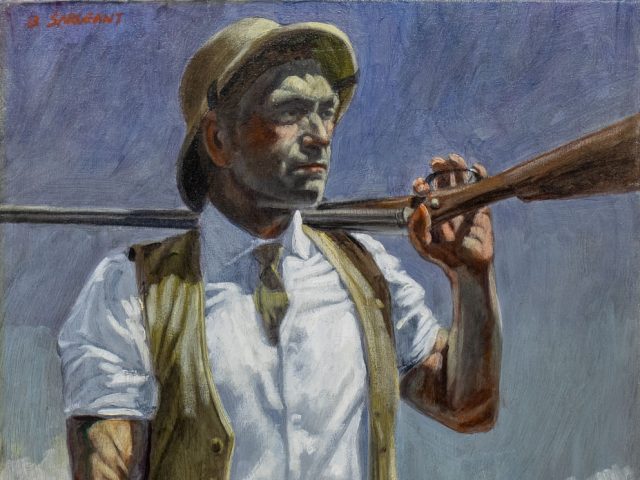 A painting of a man on safari with a gun over his shoulder.