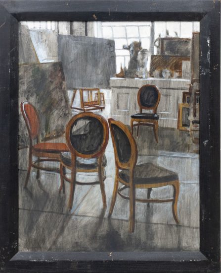 A painting of a a group of chairs in an art studio.