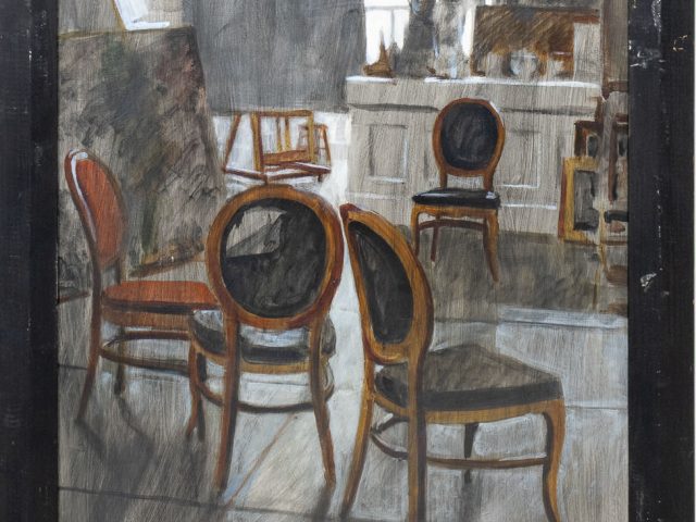 A painting of a a group of chairs in an art studio.