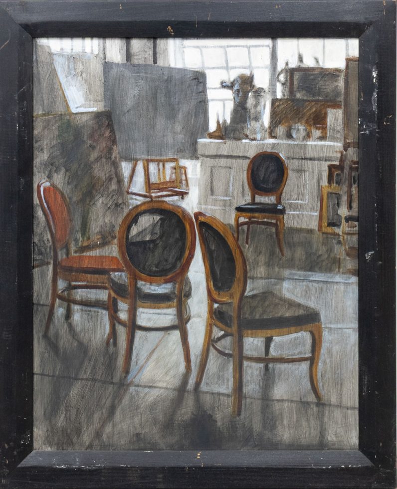A painting of a a group of chairs in an art studio.