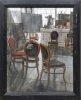 A painting of a a group of chairs in an art studio.