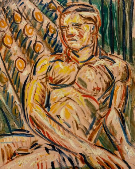A colorful painting of a male figure.