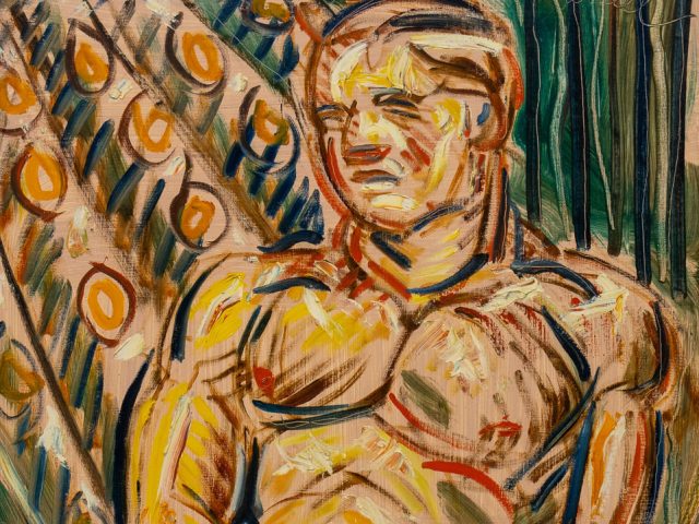 A colorful painting of a male figure.