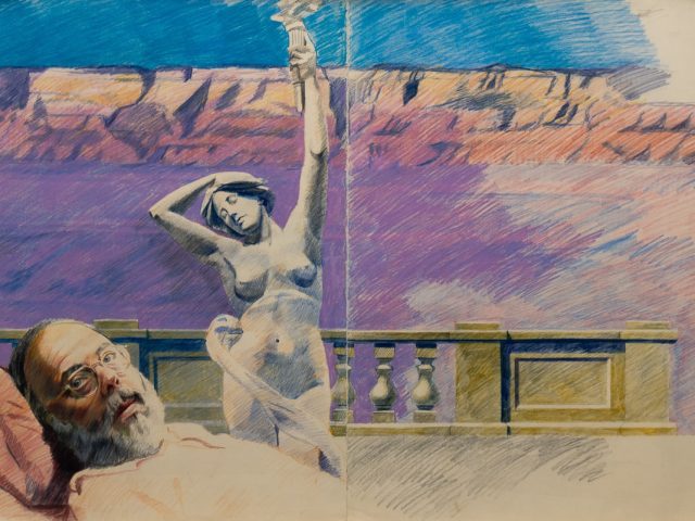 A work on paper of an older man with a purple background.
