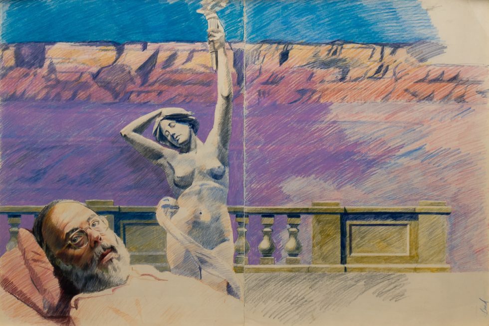 A work on paper of an older man with a purple background.