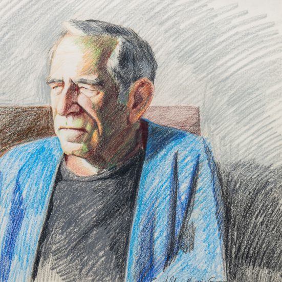 A color pencil drawing of an older man in a blue jacket.