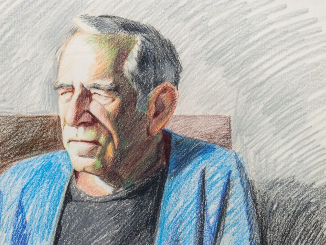 A color pencil drawing of an older man in a blue jacket.
