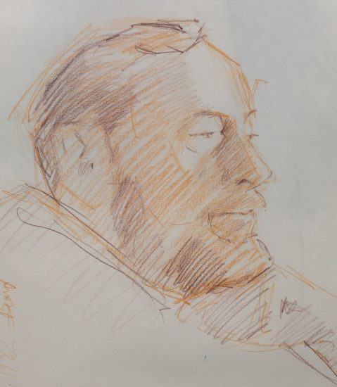 A drawn portrait of an older man in orange and brown on beige paper.