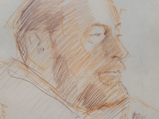 A drawn portrait of an older man in orange and brown on beige paper.