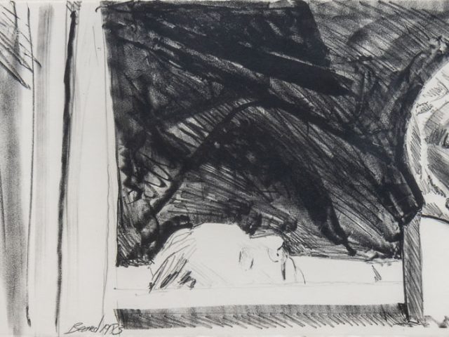 A black and white lithograph of a man in a coffin next to a sculpture.