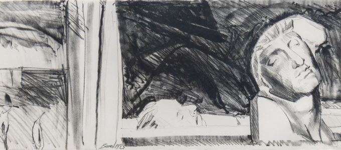 A black and white lithograph of a man in a coffin next to a sculpture.
