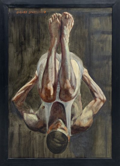 A painting of a man in a ball falling through the air.