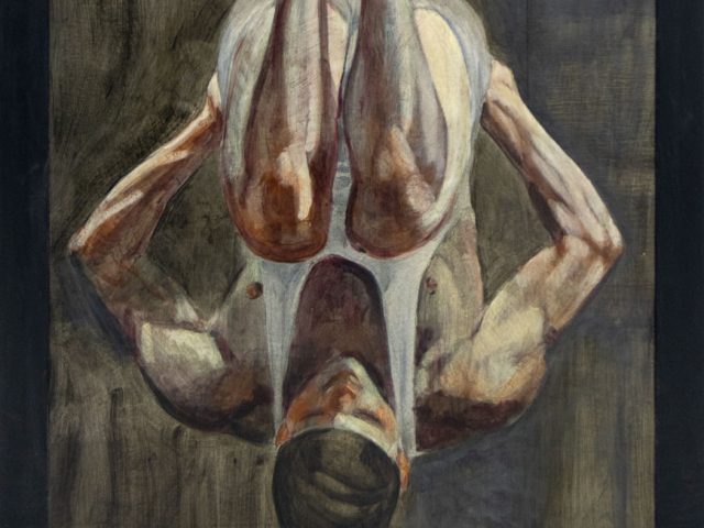 A painting of a man in a ball falling through the air.