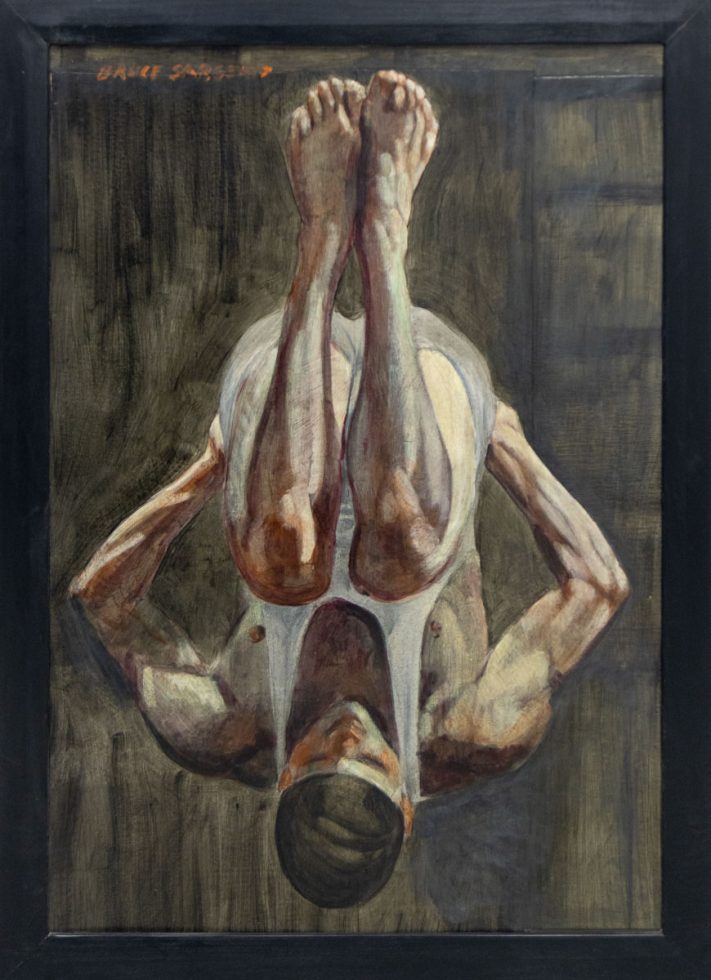 A painting of a man in a ball falling through the air.