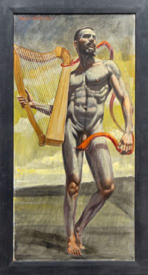 Painting of a nude, muscular man holding a harp, with red ribbon-like forms curling around him against a gray-yellow sky.