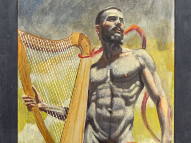 Painting of a nude, muscular man holding a harp, with red ribbon-like forms curling around him against a gray-yellow sky.