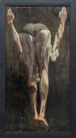A painting of a man mid dive.