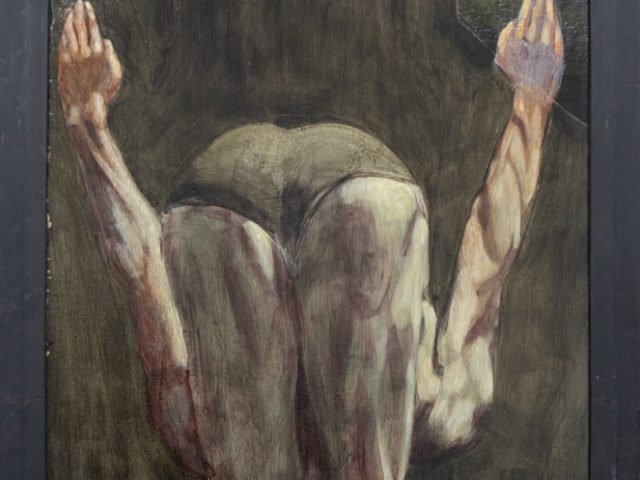 A painting of a man mid dive.