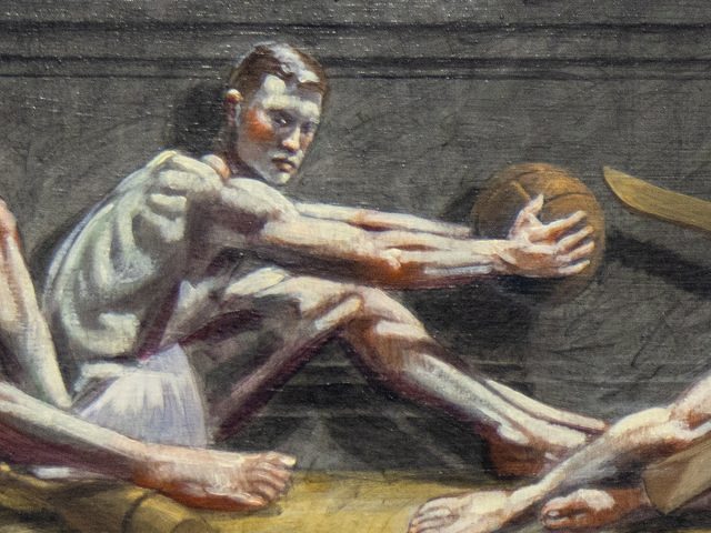 A painting of a man holding a medicine ball.